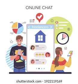 Freelance or outsoursing online service or platform. People working remotely through the internet. Idea of free schedule. Online chat. Vector flat illustration
