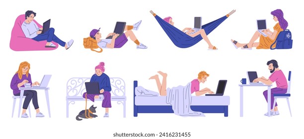 Freelance people, set of flat cartoon vector illustrations isolated on white background. Various male and female characters working online on laptops at home and outdoors. Different scenes