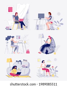 Freelance people. Set of illustrations of characters, young people work at home on the computer. Interiors at home, coworking. The concept of self-employment. Vector. Flat cartoon style. Illustration.