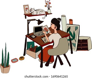 Freelance people work in comfortable condition vector flat illustration.Freelancer character working from home or room at relax pace.convenient workplace.women self employed concept.Covid-19 situation