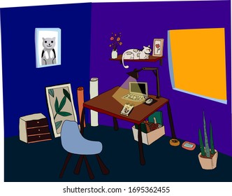 Freelance people work in comfortable condition vector flat illustration.Freelancer character working from home or room at relax pace.convenient workplace.women self employed concept.Covid-19 situation