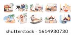 Freelance people work in comfortable conditions set vector flat illustration. Freelancer character working from home or beach at relaxed pace, convenient workplace. Man and woman self employed concept