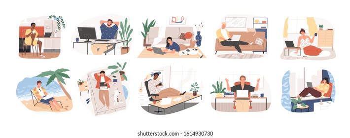 Freelance people work in comfortable conditions set vector flat illustration. Freelancer character working from home or beach at relaxed pace, convenient workplace. Man and woman self employed concept - Shutterstock ID 1614930730