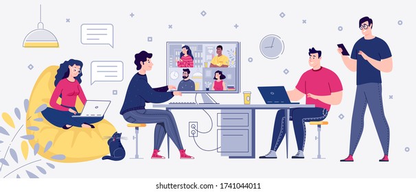 Freelance people work in comfortable conditions. Work at home coworking, space. Videoconference and online meeting. Self Employment Concept. Vector. Flat cartoon style. Illustration.