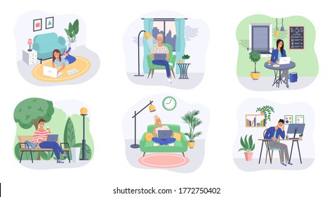 Freelance people work in comfortable conditions set vector flat illustration. Freelancer character working from home or beach at relaxed pace, convenient workplace. Man and woman self employed concept