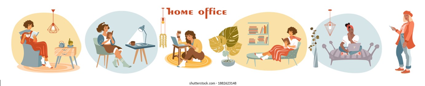 Freelance people work in comfortable conditions set. Work at home concept design. Home office concept. Flat vector illustration.