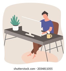 Freelance people work in comfortable conditions set vector flat illustration. Freelancer character working from home or beach at relaxed pace, convenient workplace. People stay at home. Men and women 
