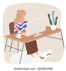 Freelance people work in comfortable conditions set vector flat illustration. Freelancer character working from home or beach at relaxed pace, convenient workplace. People stay at home. Men and women 