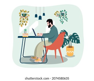 Freelance people work in comfortable conditions vector flat illustration. Freelancer character working from home or beach at relaxed pace, convenient workplace. Man and woman self employed concept