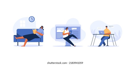 Freelance people work in comfortable conditions set. Work life balance. Flat character Illustration