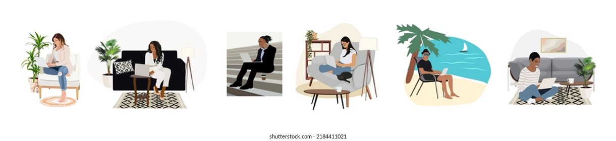 Freelance people work in comfortable conditions set vector flat illustration. Freelancer character working from home or beach at relaxed pace, convenient workplace. Man and woman self employed concept