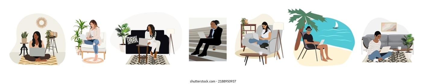 Freelance people work in comfortable conditions set vector flat illustration. Freelancer character working from home or beach at relaxed pace, convenient workplace. Man and woman self employed concept