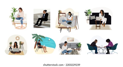 Freelance people work in comfortable conditions set vector flat illustration. Freelancer character working from home or beach at relaxed pace, convenient workplace. Man and woman self employed concept