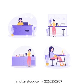 Freelance people work in comfortable conditions set vector flat illustration. Freelancer character working from home or beach at relaxed pace, convenient workplace. 10 eps