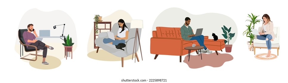 Freelance people work in comfortable conditions set vector realistic illustration. Freelancer character working from home at relaxed pace, convenient workplace. Man and woman self employed concept.