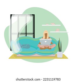 Freelance people work in comfortable conditions vector flat illustration. Freelancer character working from home at relaxed pace, convenient workplace. woman self employed concept. a girl with a laptop