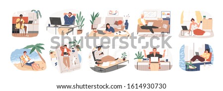Freelance people work in comfortable conditions set vector flat illustration. Freelancer character working from home or beach at relaxed pace, convenient workplace. Man and woman self employed concept