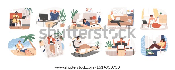 Freelance people work in comfortable conditions\
set vector flat illustration. Freelancer character working from\
home or beach at relaxed pace, convenient workplace. Man and woman\
self employed\
concept