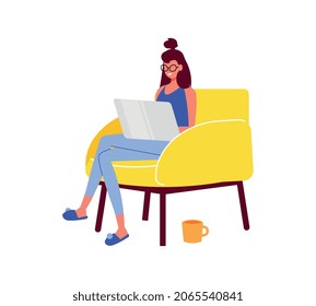 Freelance people work composition with character of young girl working in armchair with laptop vector illustration