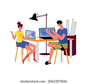 Freelance people work composition with couple of architects sitting at home table with computers and drafts vector illustration