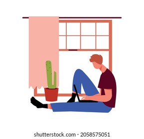 Freelance people work composition with home interior window and sitting man with laptop vector illustration