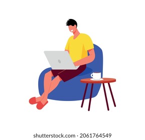 Freelance people work composition with man sitting in soft chair with laptop vector illustration