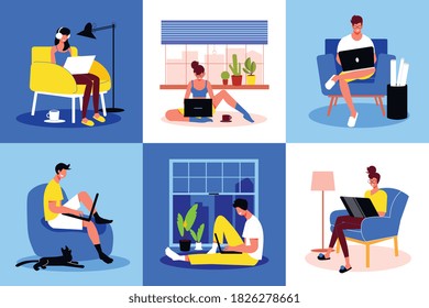 Freelance people work design concept with set of square compositions with human characters and interior elements vector illustration