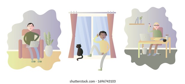 Freelance people work at home, set cute vector illustration. Young busy men work or study remote online, sitting with laptop or phone at quarantine in room. Man self employed 