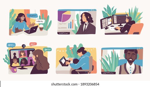 Freelance people work from home vector set. Distant work business concept. Illustrations of men and women teamwork flat illustrations