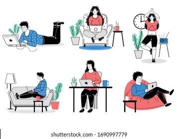 Freelance people work in home.Self isolation, quarantine due to coronavirus. Self isolation vector illustration set.