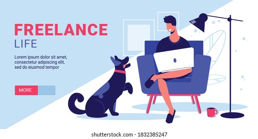 Freelance people work horizontal banner with sitting man laptop dog and text with slider more button vector illustration