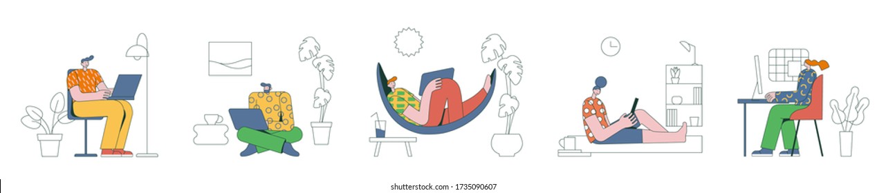 Freelance people work remotely. Character works from home or beach in comfortable conditions. Men working on laptop lying in hammock. Female profile at computer.Vector set Illustration in flat style