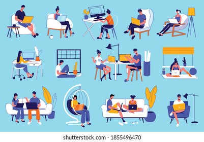 Freelance people work set of isolated interior elements icons and characters of remote workers with computers vector illustration