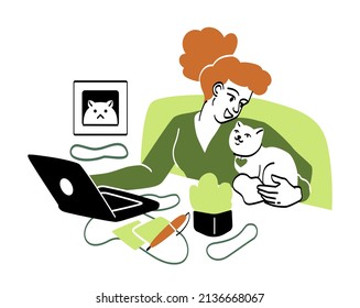 Freelance people working. Girl hugs cat, hostess and pet. Comfortable working mode. Working on project remotely, Internet and digital world, modern services. Cartoon flat vector illustration
