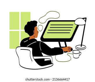 Freelance people working. Man sitting at computer. Young guy at work, comfortable workplace. Modern technologies, online and digital world. Prgrammer or designer. Cartoon flat vector illustration