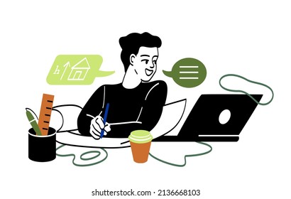 Freelance people working. Man sitting at laptop. Character writes code, programmer develops application or designs website page. Remote employee or coworking. Cartoon flat vector illustration