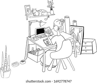 Freelance person works in comfortable condition.  Flat vector illustration. Freelancer character working from home or room at relaxed pace. Convenient workplace. Self employed woman concept. COVID-19 situation