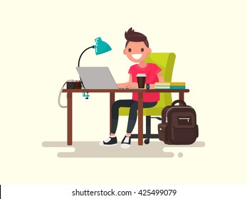 Freelance. Photographer or designer behind a desktop. Vector illustration of a flat design