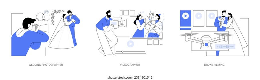 Freelance photographer isolated cartoon vector illustrations set. Self-employed man takes professional wedding photo, creative video making, filming event, drone videography business vector cartoon.