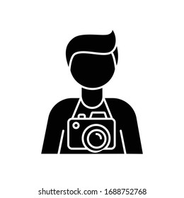 Freelance photographer, operator black glyph icon. Photojournalist, paparazzi, cameraman. Photo studio employee. Photography art. Silhouette symbol on white space. Vector isolated illustration