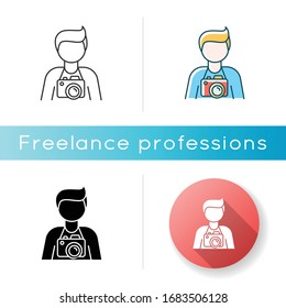 Freelance photographer, operator icon. Photojournalist, paparazzi, cameraman. Photo studio employee. Photography art. Linear black and RGB color styles. Isolated vector illustrations
