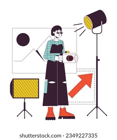Freelance photographer in studio flat line concept vector spot illustration. Asian woman with camera 2D cartoon outline character on white for web UI design. Editable isolated color hero image