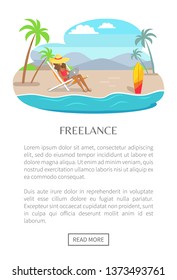 Freelance poster with push button read more, woman in big straw hat resting on chaise longue under striped umbrella at tropical beach, bus trailer vector