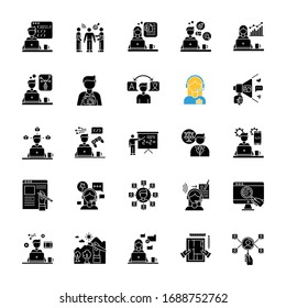 Freelance professions black glyph icons set on white space. Web development and graphic designing. Branding and HR management, data entry jobs. Silhouette symbols. Vector isolated illustration