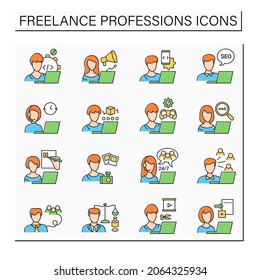 Freelance professions color icons set. Distance jobs. Online work. Careers concept, Isolated vector illustration