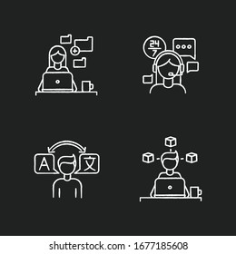 Freelance professions, data entry jobs chalk white icons set on black background. Interpretation, 3D modelling and customer service. Converting image to text. Isolated vector chalkboard illustrations