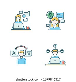 Freelance Professions, Data Entry Jobs RGB Color Icons Set. Interpretation, 3D Modelling And Customer Service. Converting Image To Text And Document Formatting. Isolated Vector Illustrations