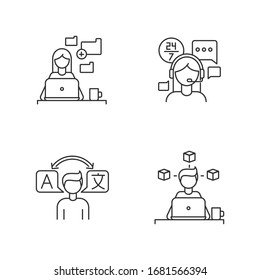 Freelance professions, data entry jobs pixel perfect linear icons set. 3D modelling, customer service. Customizable thin line contour symbols. Isolated vector outline illustrations. Editable stroke