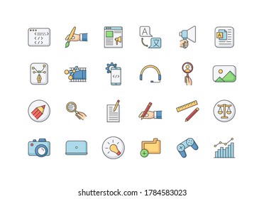 Profesiones independientes elementos de los iconos de color RGB establecidos. Desarrollo de software móvil. Estrategia de marketing en línea. Panel de juego. Escritura de texto para el artículo. Edición de películas. Ilustraciones vectoriales aisladas