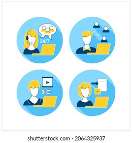 Conjuntos de iconos planos de profesiones independientes. Trabajos a distancia. Entrada de datos, trabajos de servicio al cliente, editor de vídeo, community manager. Trabajo en línea. Concepto de carrera. Ilustraciones vectoriales